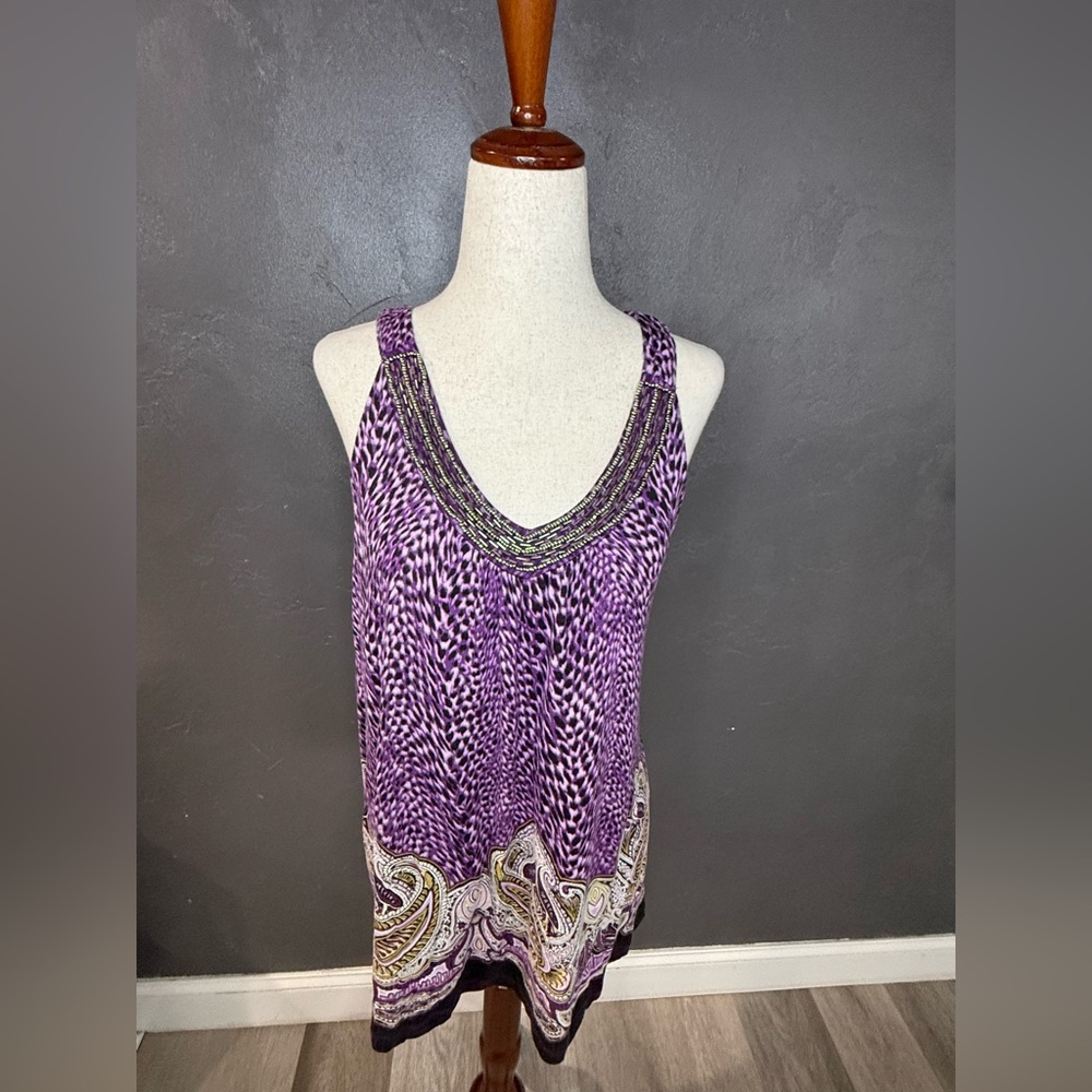 Women's Purple Beaded V-Neck Paisley Tank Top